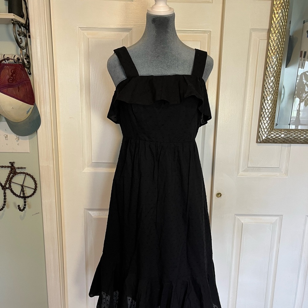 J. Crew Black Pin-dot, Square neck, tiered dress. Size six